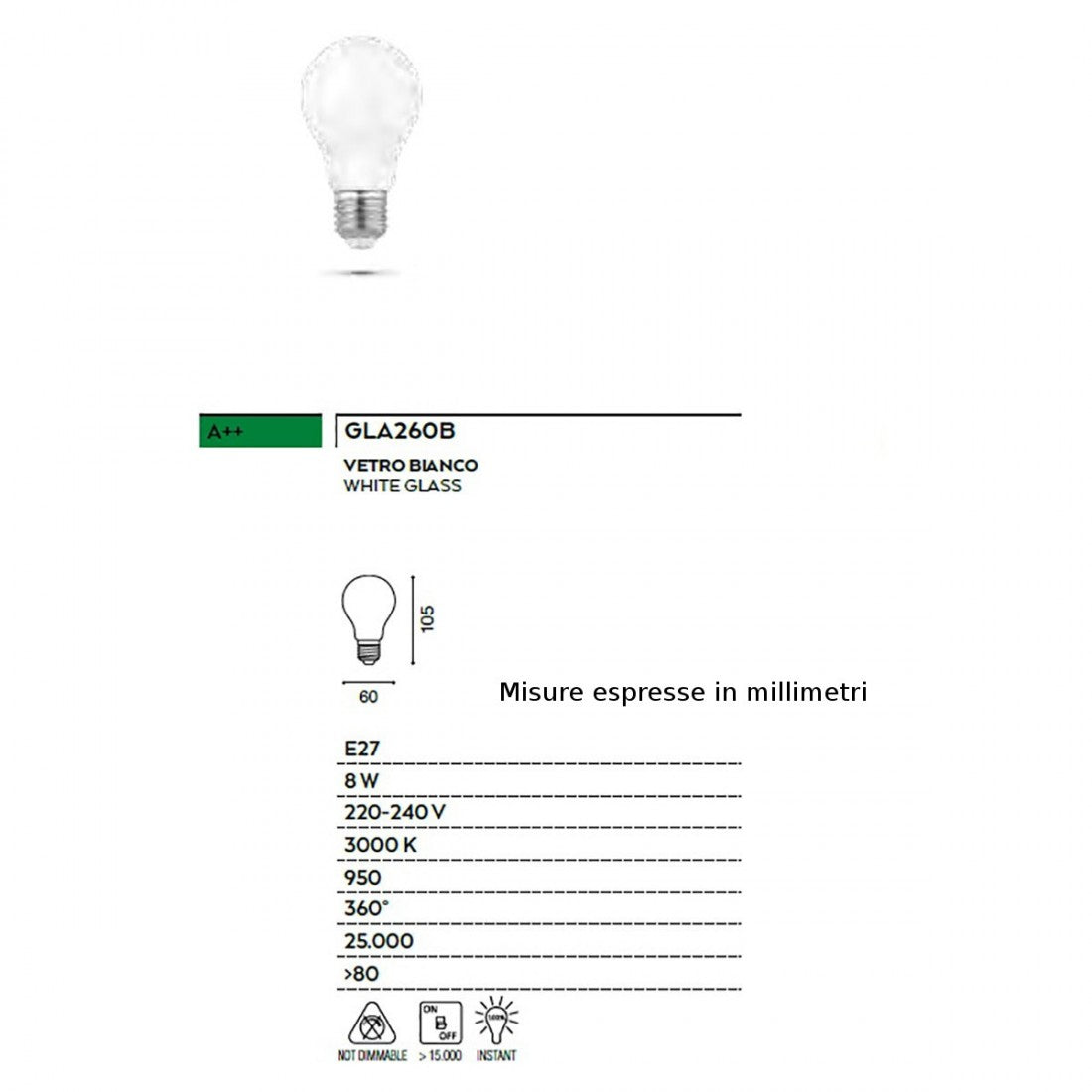 Lampadina gea led gla260b e27 led 360° goccia vetro bianco 8w 950lm 3000°k