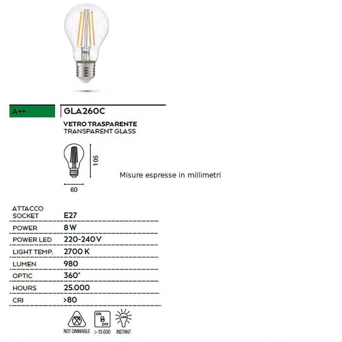 Lampadina gea led gla260c e27 led 8w 980lm 2700°k 360° goccia vetro trasparente