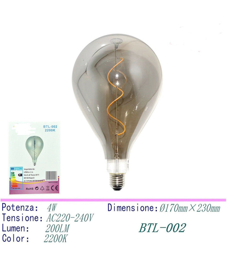 Lampadina Led Filamento Vintage Retro' Lampada Fume' E27 4w Luce Calda 2200k         