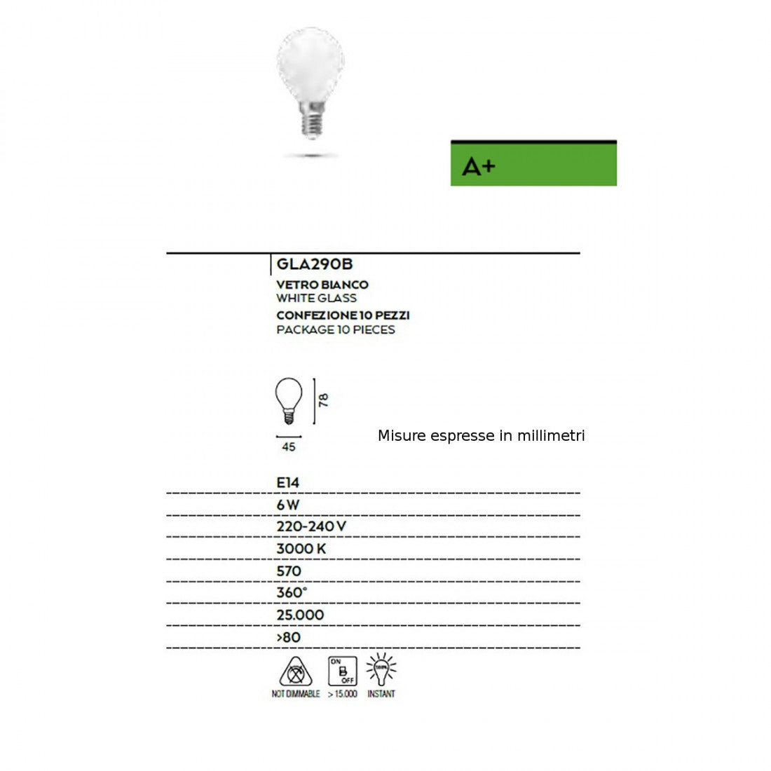 Lampadine confezione 10 pz vetro bianco gea led gla290 b 6w led e14 360° 3000°k goccia