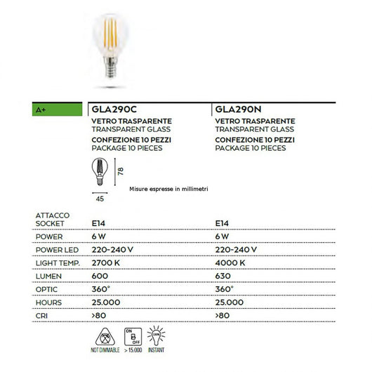 Lampadine confezione 10 pz vetro trasparente gea led gla290 6w led e14 360° 2700°k 4000°k goccia, tonalità luce 2700°k (