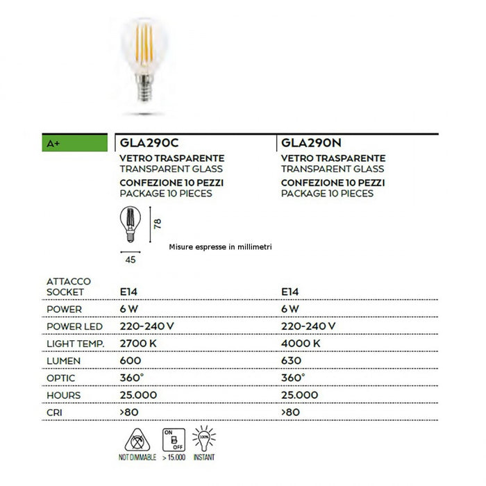 Lampadine confezione 10 pz vetro trasparente gea led gla290 6w led e14 360° 2700°k 4000°k goccia, tonalità luce 4000°k (