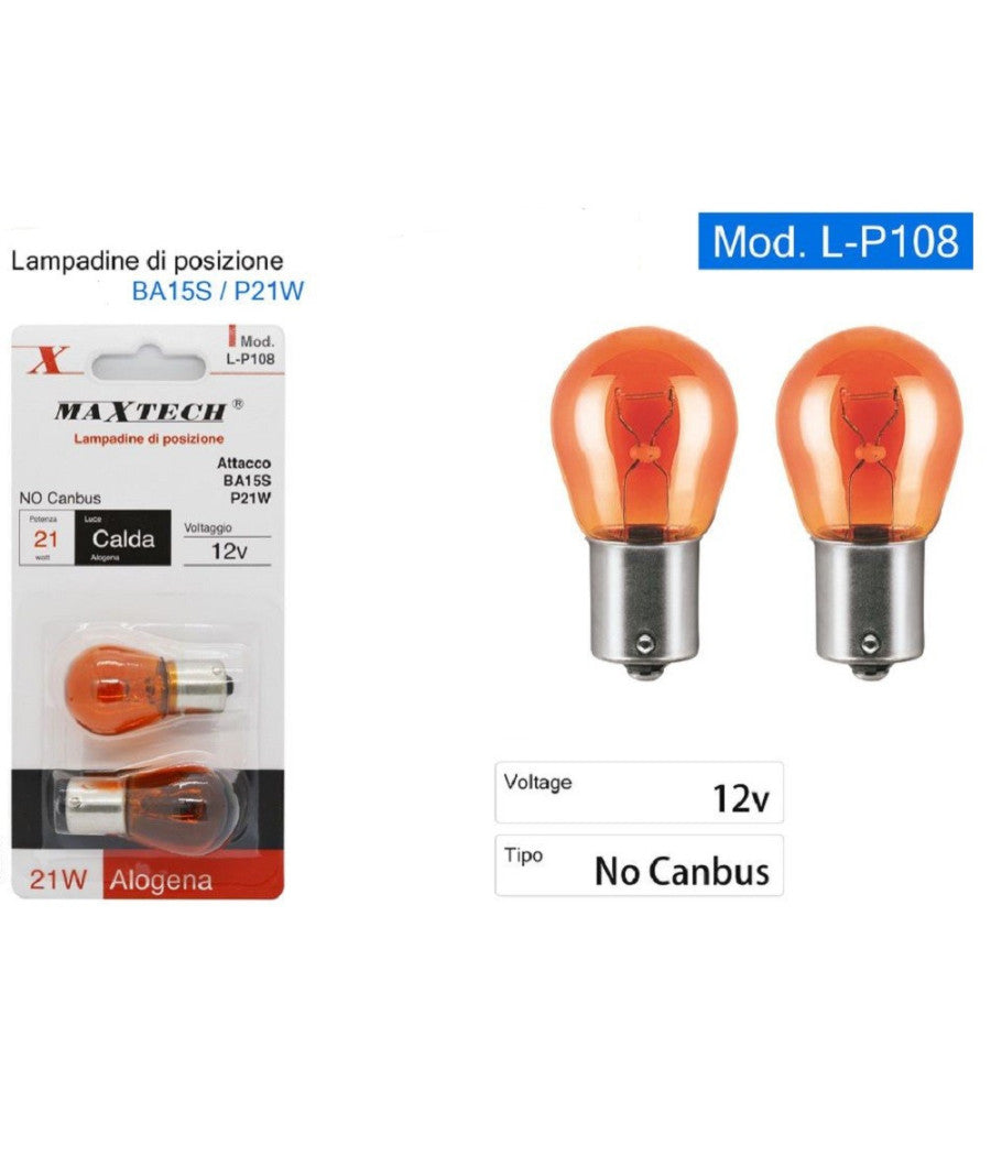 Lampadine Di Posizione Auto Ba15s 12v 21 W Luce Calda Alogena No Canbus L-p108         