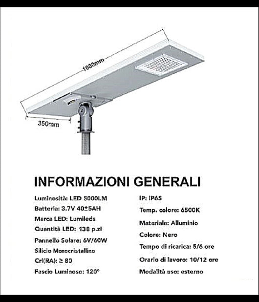 Lampione Faro Led 500w Stradale Crepuscolare Con Pannello Solare Ip65 Sl-500w-lp         