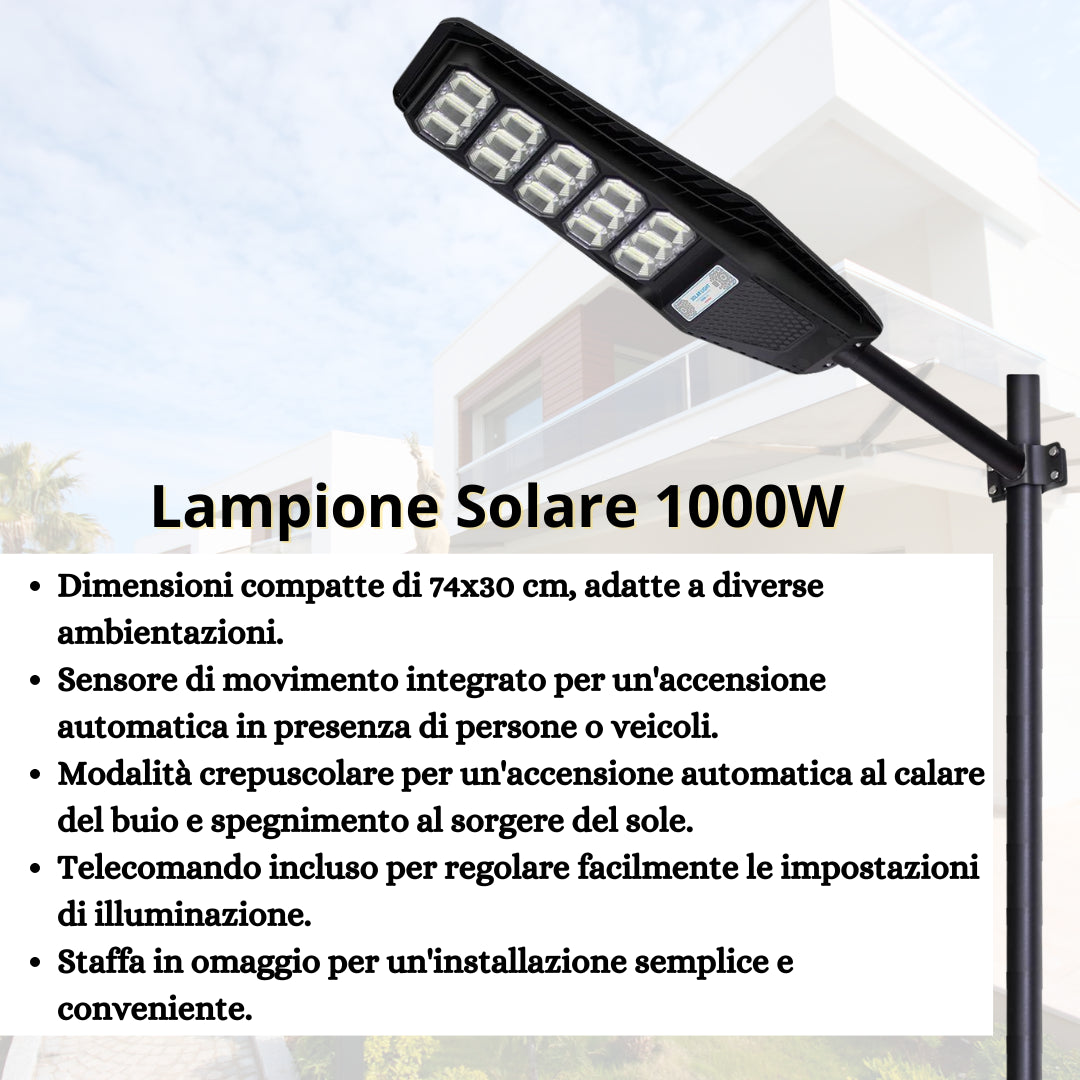 Lampione Solare Led Esterno con Pannello Solare 1000W, Bianco Freddo Sensore Di Movimento 40000mAh, Telecomando + Staffa