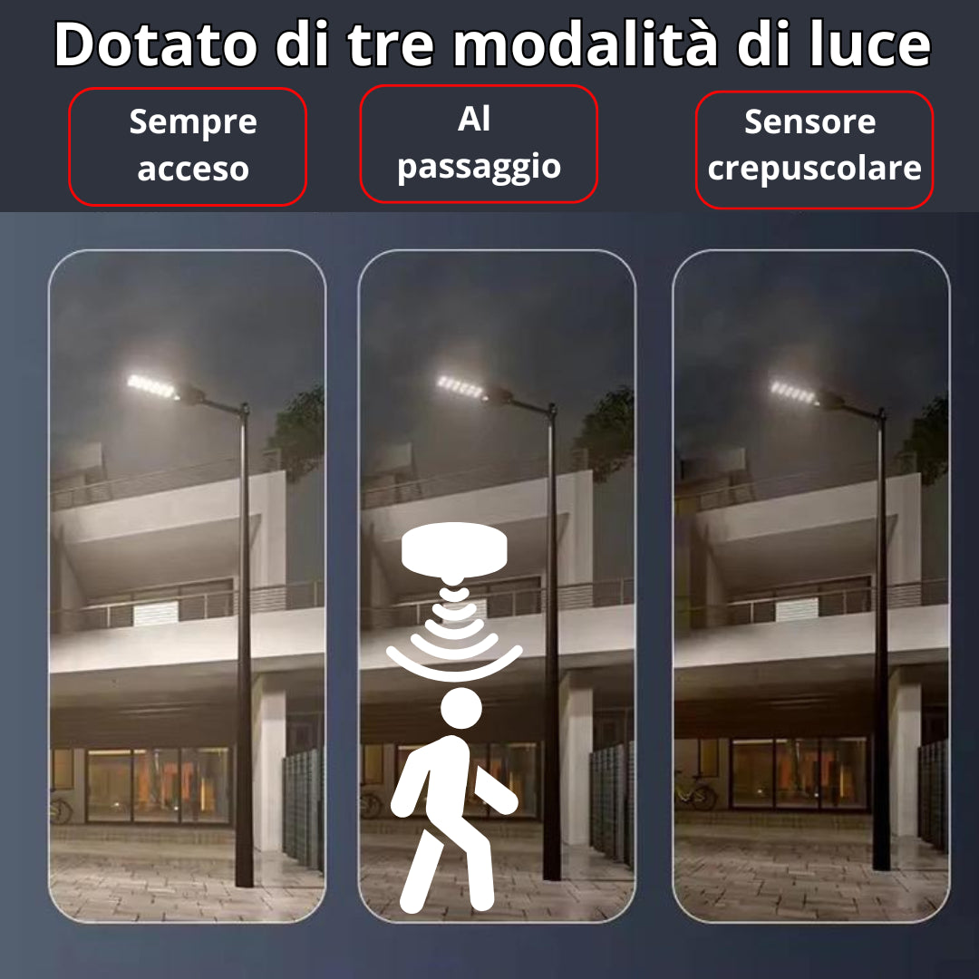 Lampione Solare Led Esterno con Pannello Solare 1000W, Bianco Freddo Sensore Di Movimento 40000mAh, Telecomando + Staffa