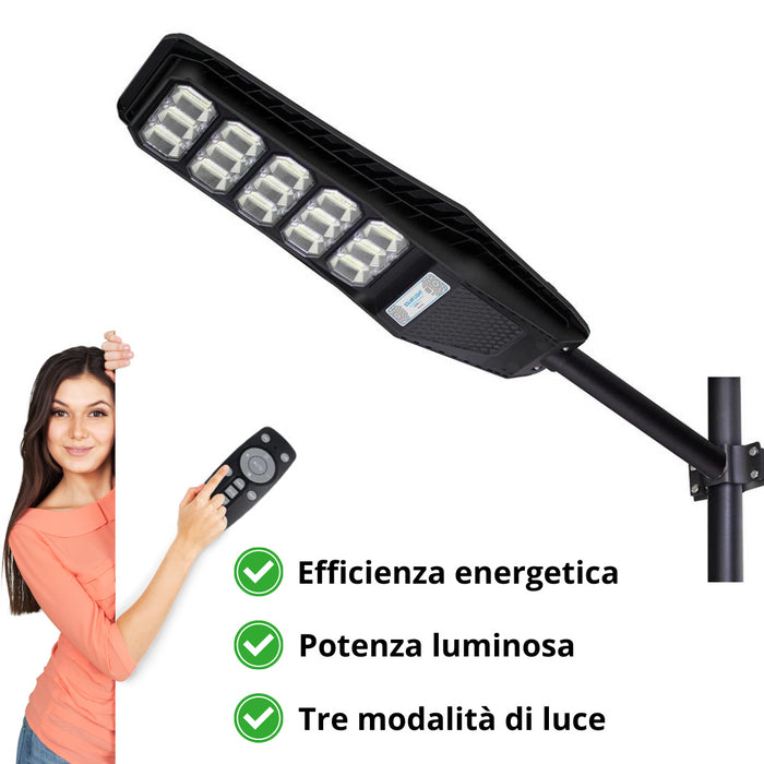 Lampione Solare Led Esterno con Pannello Solare 1000W, Bianco Freddo Sensore Di Movimento 40000mAh, Telecomando + Staffa