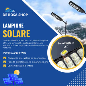 Lampione Solare Led Esterno con Pannello Solare 1000W, Bianco Freddo Sensore Di Movimento 40000mAh, Telecomando + Staffa