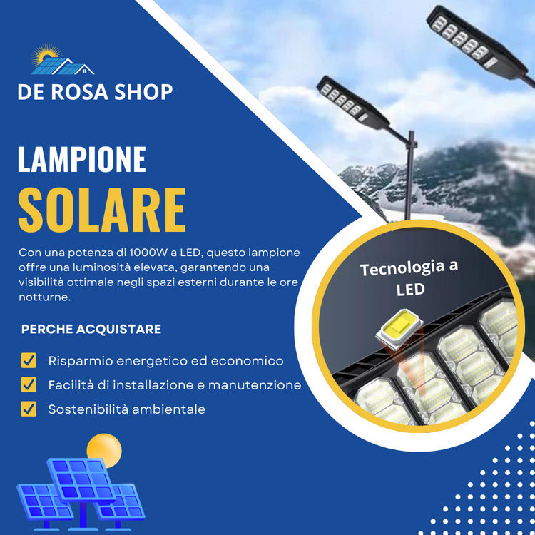 Lampione Solare Led Esterno con Pannello Solare 1000W, Bianco Freddo Sensore Di Movimento 40000mAh, Telecomando + Staffa