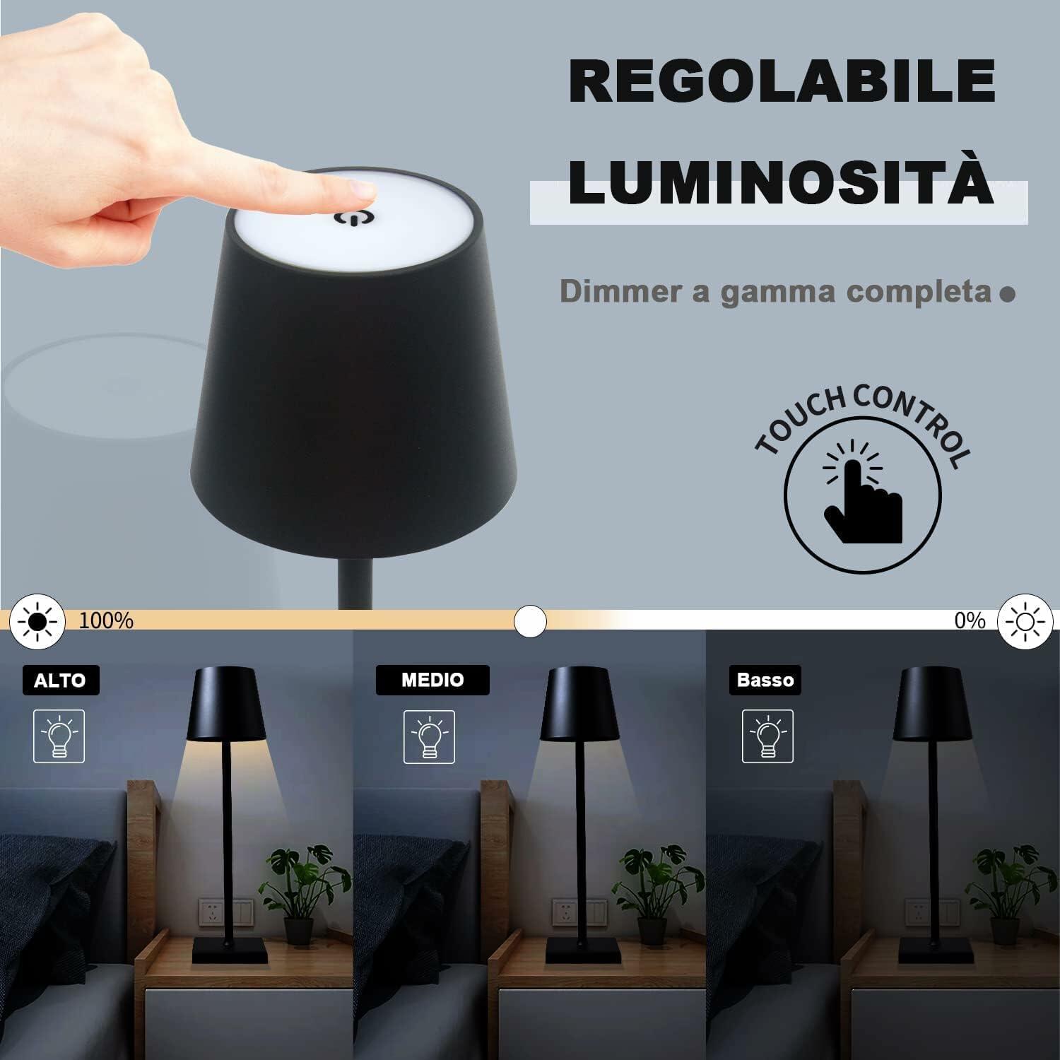 Lampada Da Tavolo A Led NERO Con Batteria Ricaricabile Touch Dimmerabile 3 Colori Bar Negozio Casa Ufficio in Alluminio