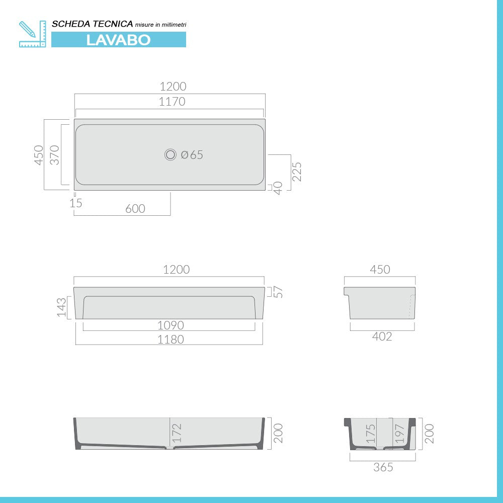 Lavabo a canale 120x45 cm in ceramica bianco lucido