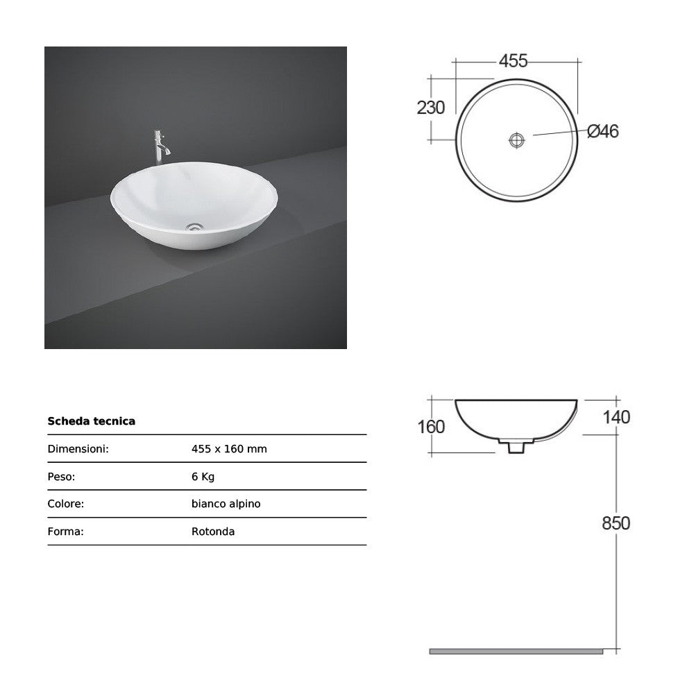 Lavabo da Appoggio tondo d. 45,5 x h. 16 cm Rak Diana in ceramica bianco lucido