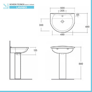 Lavabo con colonna 60 cm in ceramica bianco lucido  | Miracle