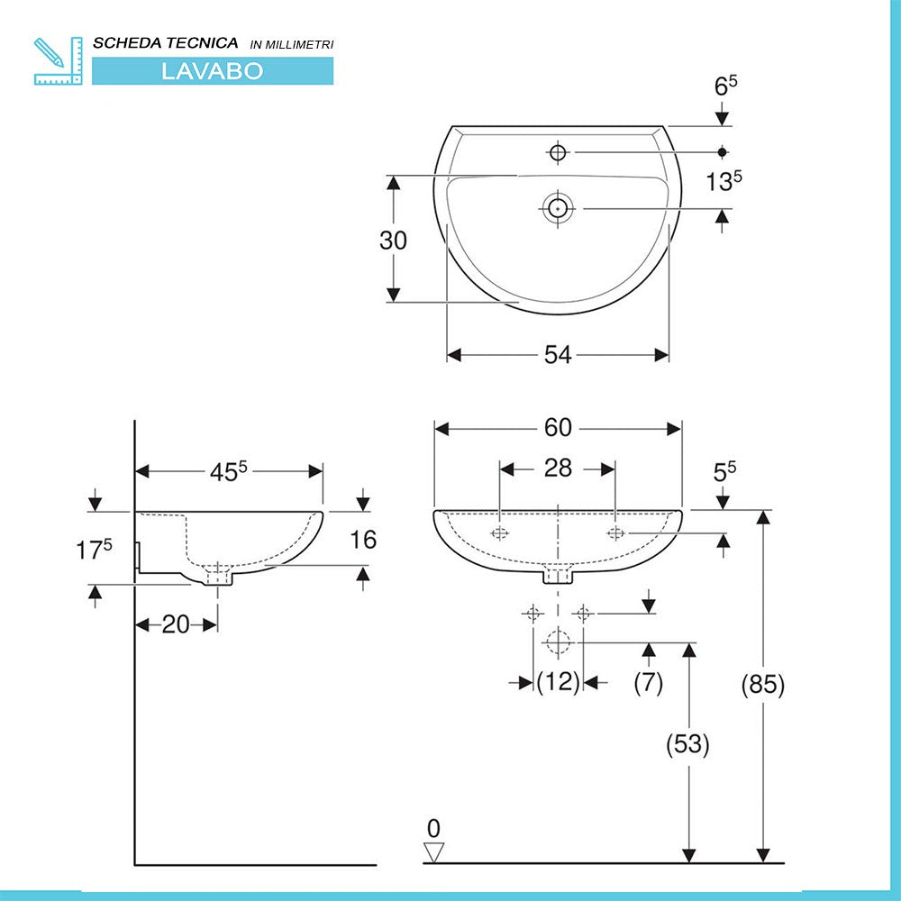 Lavabo con colonna 60 cm Geberit in ceramica lucida Colibrà¬