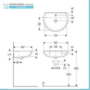 Lavabo con colonna 60 cm Geberit in ceramica lucida Colibrà¬