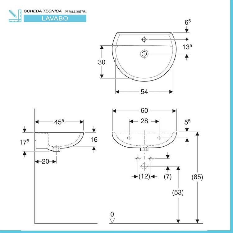 Lavabo con colonna 60 cm Geberit in ceramica lucida Colibrà¬