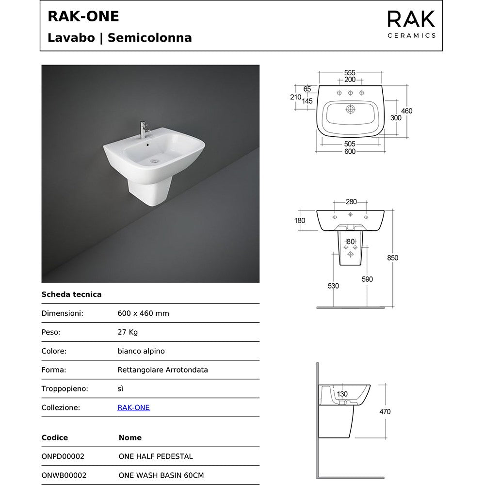 Lavandino con semicolonna 60x46 cm Rak serie One in ceramica bianca lucida