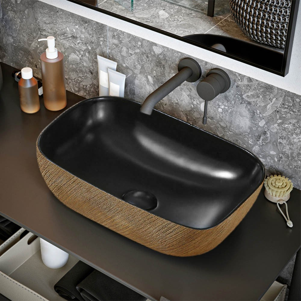 Lavabo da appoggio 45x32 cm in ceramica nera opaca con decorazione oro