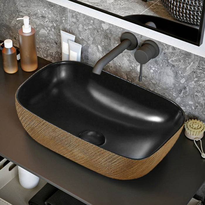 Lavabo da appoggio 45x32 cm in ceramica nera opaca con decorazione oro