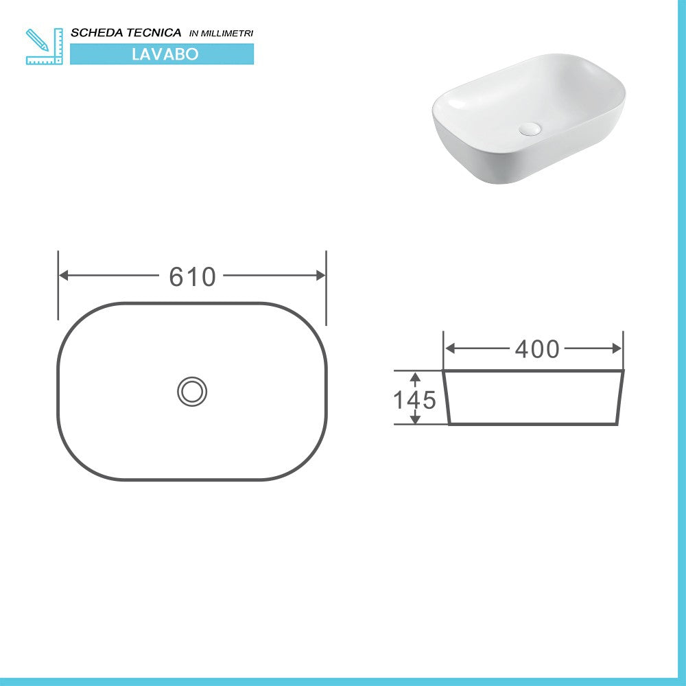 Lavabo da appoggio 60x40 rettangolare in ceramica bianco lucido