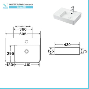 Lavabo da appoggio 60x43 con vasca a destra in ceramica lucida