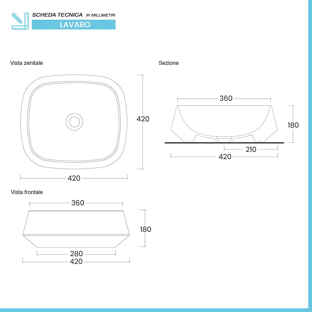 Lavabo da appoggio in ceramica bianco lucido quadrato 42 cm Aris