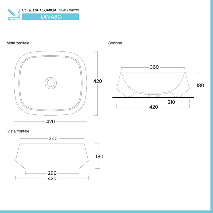 Lavabo da appoggio in ceramica bianco lucido quadrato 42 cm Aris