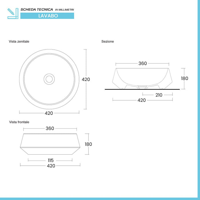 Lavabo da appoggio in ceramica bianco lucido tondo 42 cm Aris