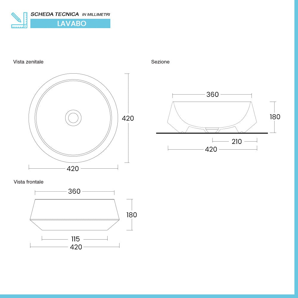 Lavabo da appoggio in ceramica nero opaco tondo 42 cm Aris