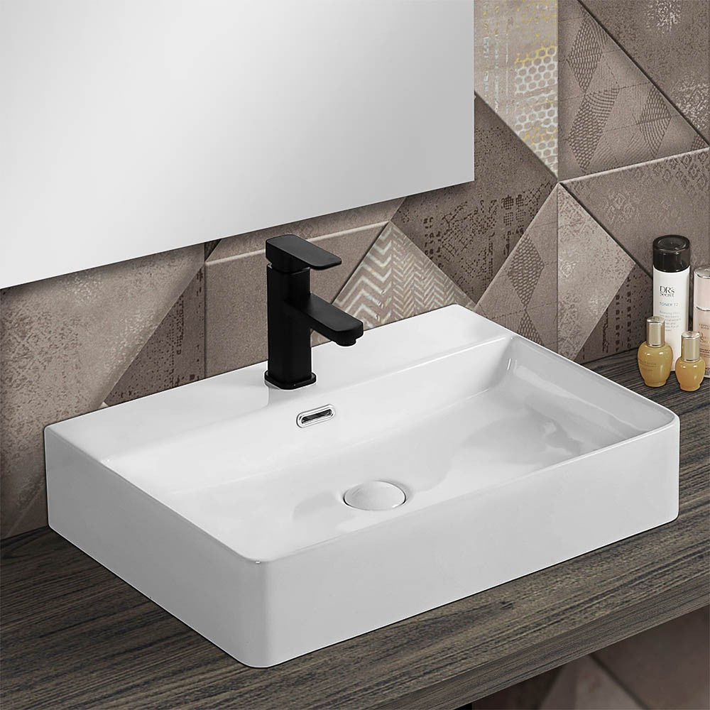 Lavabo da appoggio in ceramica rettangolare 60x42 cm bianco lucido