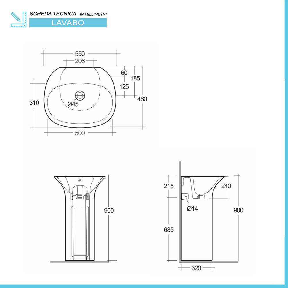 Lavabo freestanding bianco in ceramica Sensation senza foro