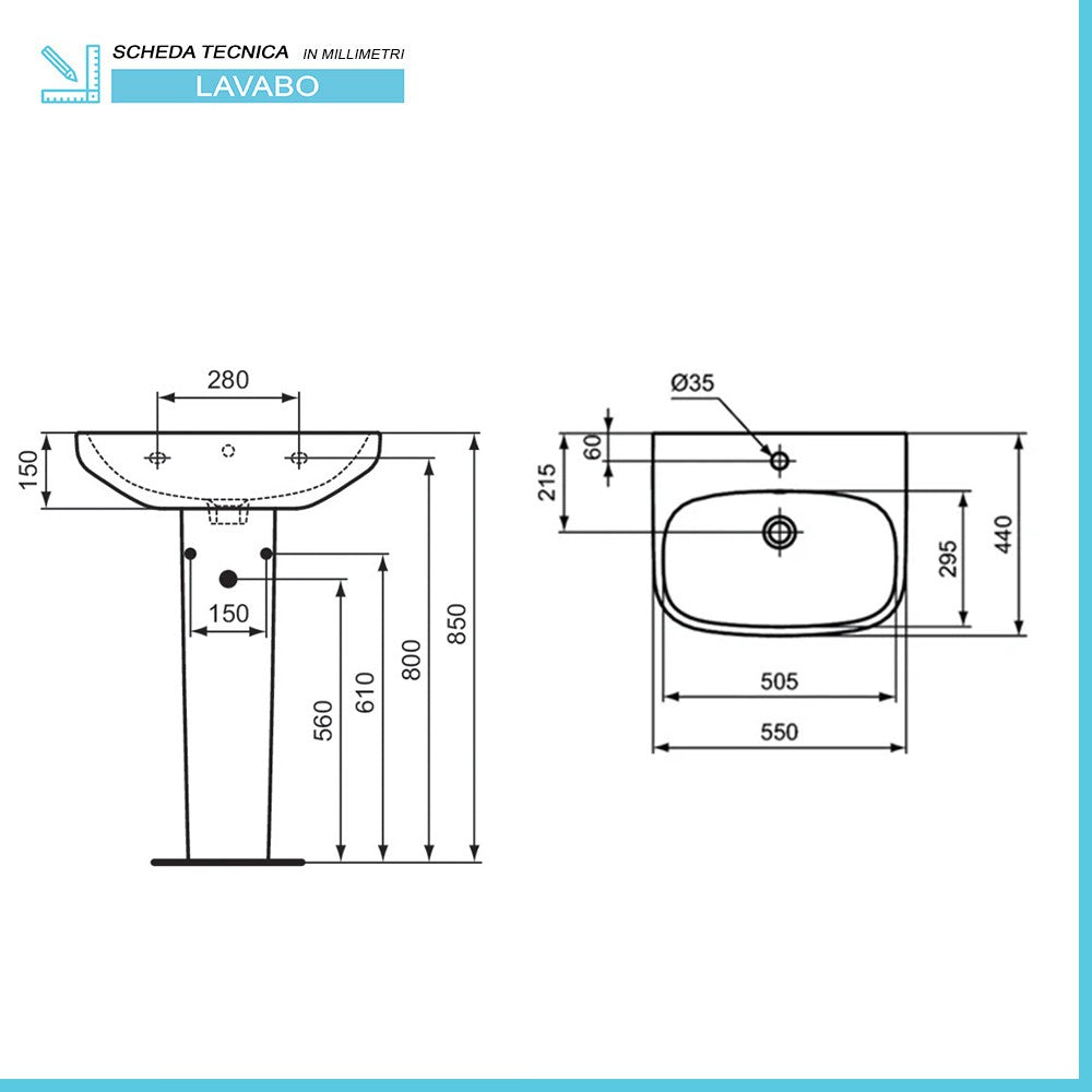 Lavabo Ideal Standard 55 cm con colonna in ceramica lucida I.Life A 