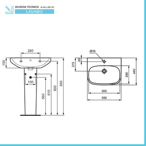 Lavabo Ideal Standard 55 cm con colonna in ceramica lucida I.Life A 