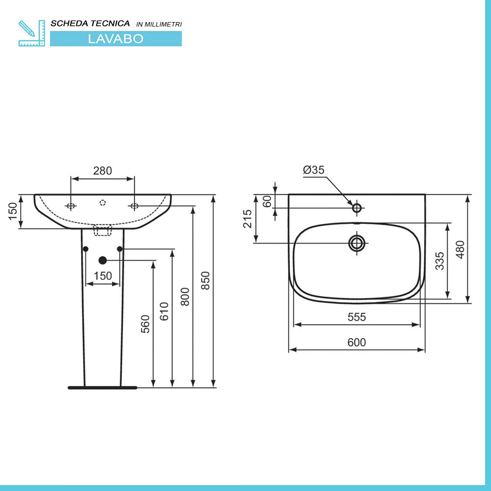 Lavabo Ideal Standard 60 cm con colonna in ceramica lucida I.Life A 