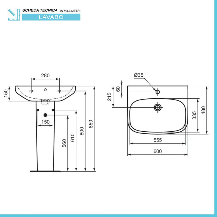 Lavabo Ideal Standard 60 cm con colonna in ceramica lucida I.Life A 