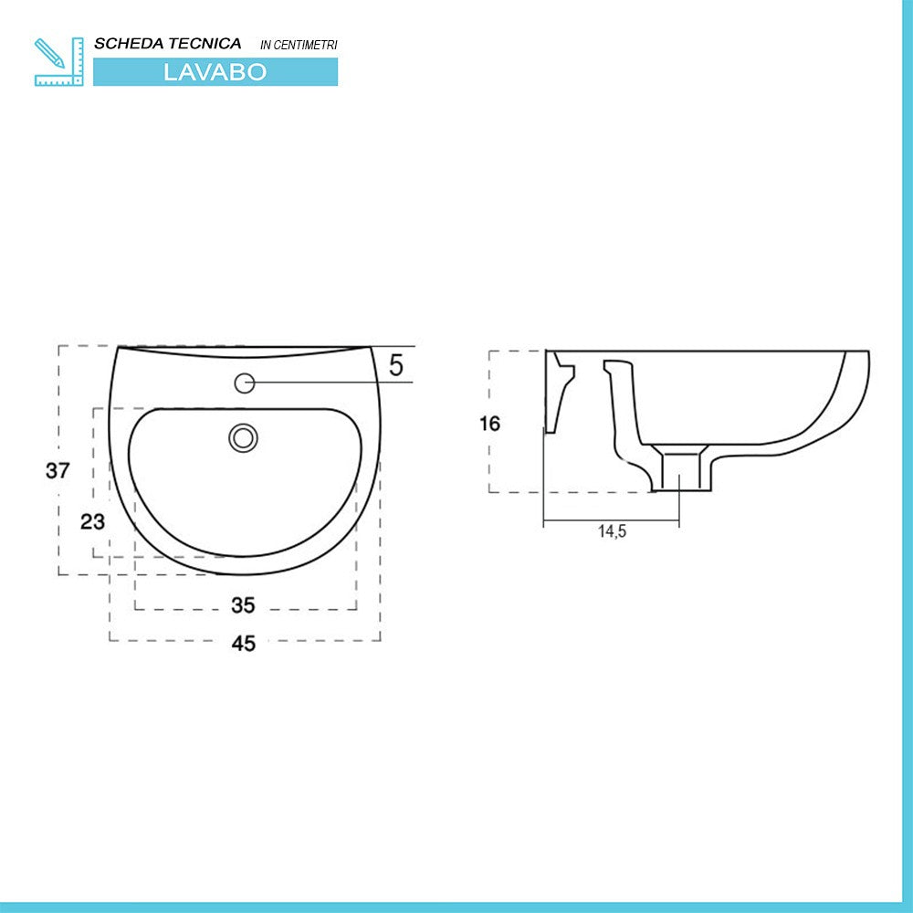 Lavabo sospeso 45x37 salvaspazio bianco in ceramica