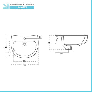 Lavabo sospeso 45x37 salvaspazio bianco in ceramica