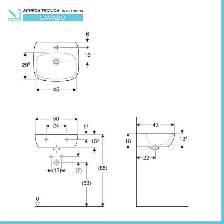 Lavabo sospeso 50 cm Geberit bianco lucido monoforo Fantasia 