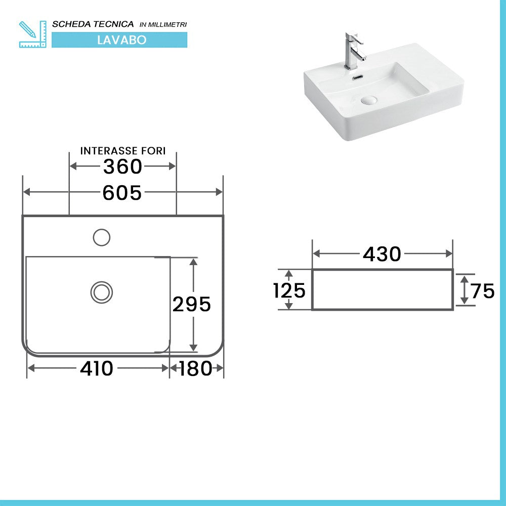 Lavabo sospeso 60x43 in ceramica lucida con ripiano a destra