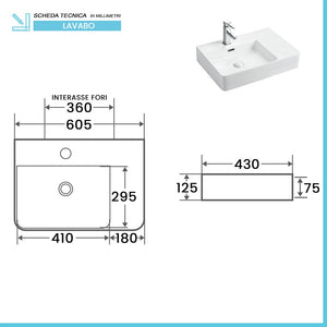 Lavabo sospeso 60x43 in ceramica lucida con ripiano a destra