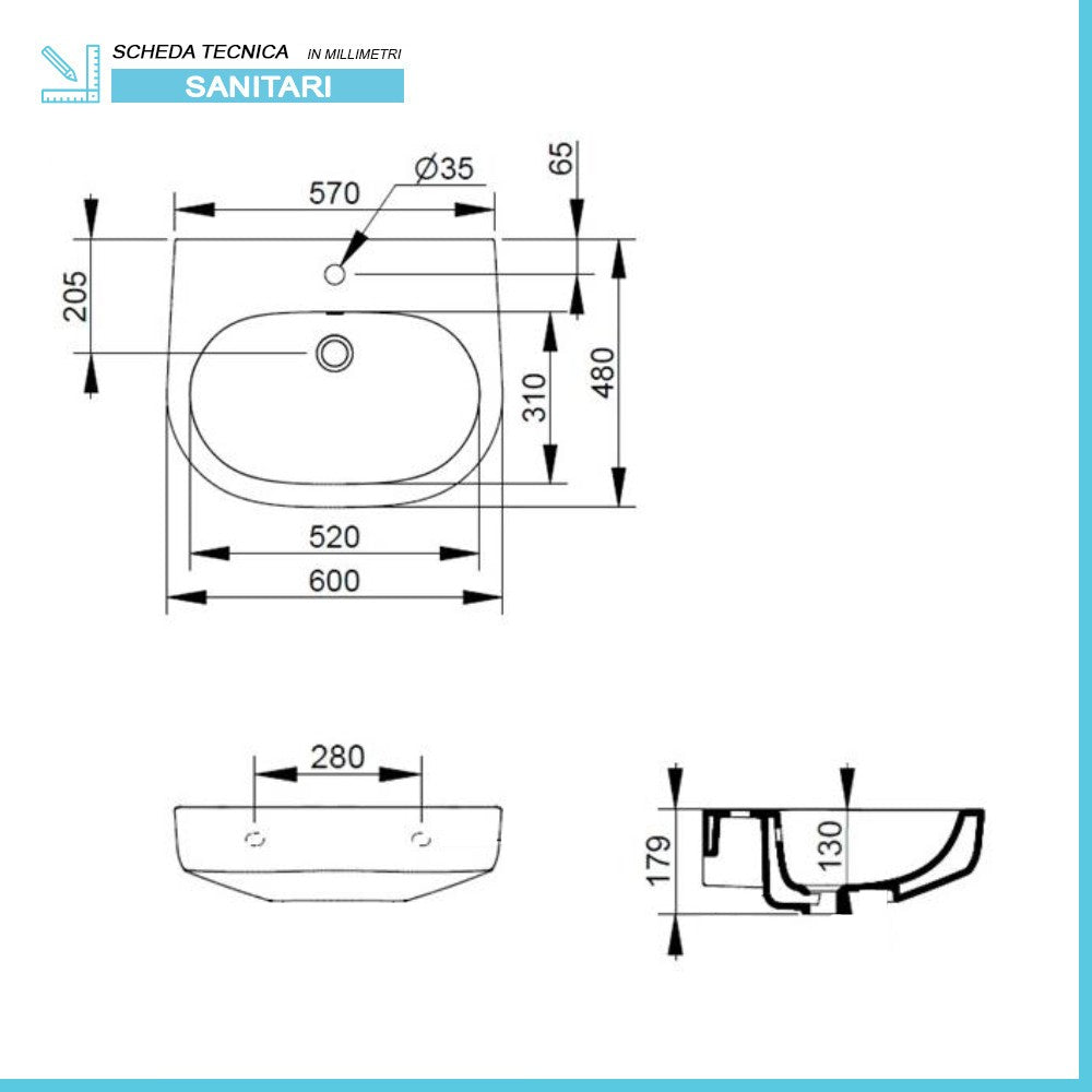 Lavabo sospeso 60x48 cm linea Mirto con troppo pieno e foro rubinetto