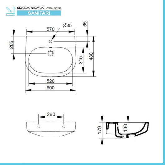 Lavabo sospeso 60x48 cm linea Mirto con troppo pieno e foro rubinetto