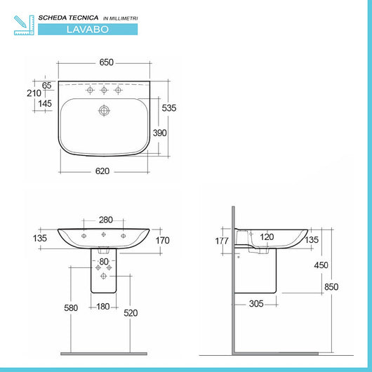 Lavabo sospeso 65 cm con semicolonna in ceramica bianco lucido