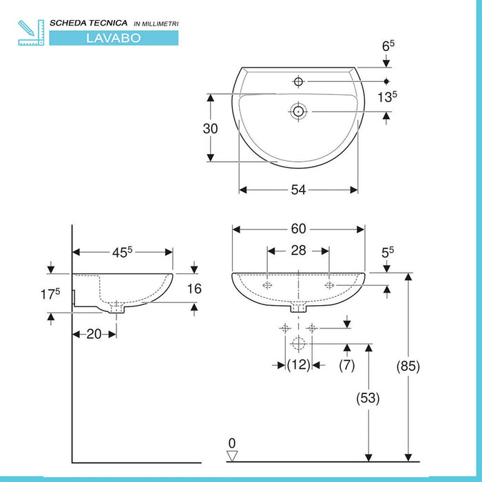 Lavabo sospeso 65 cm Geberit in ceramica lucida Colibrà¬