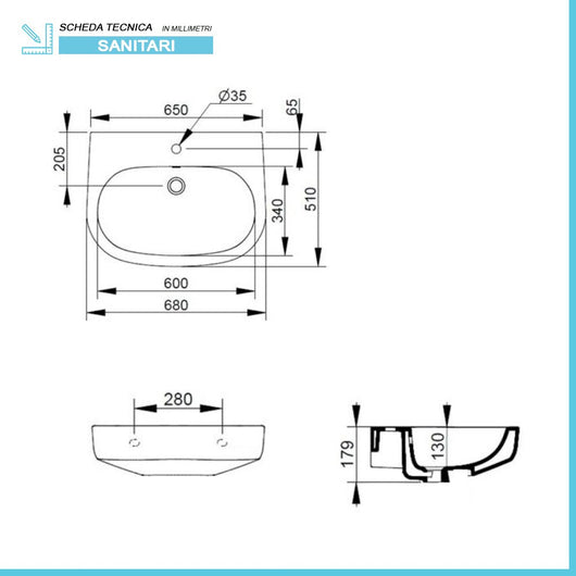 Lavabo sospeso 68x48 cm linea Mirto con troppo pieno e foro rubinetto