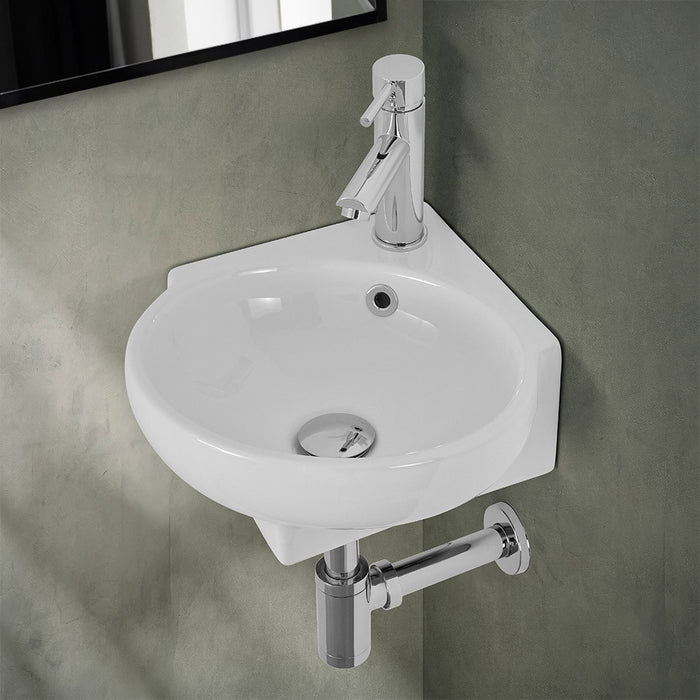 Lavabo sospeso ad angolo 39x36 in ceramica lucida con design ovale