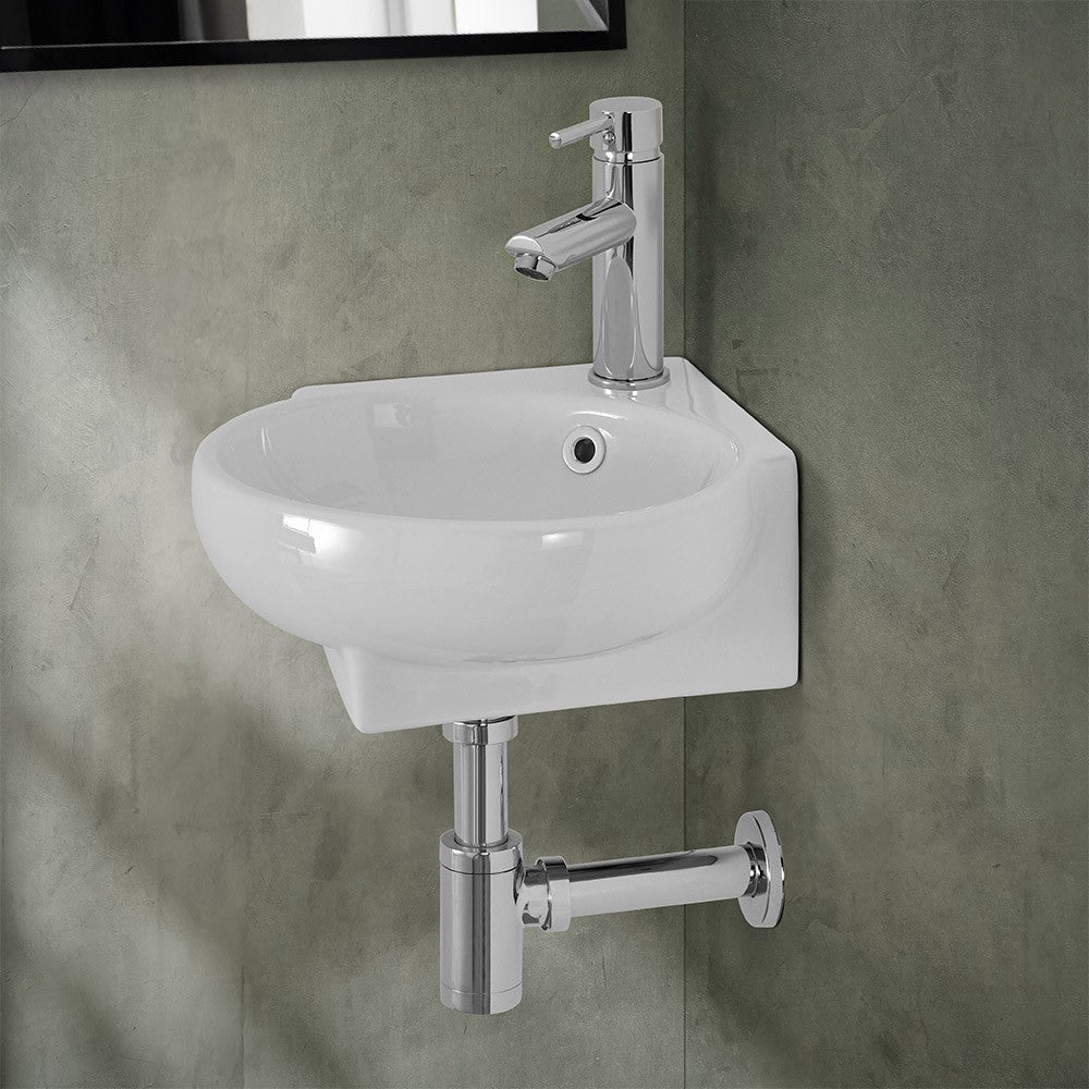 Lavabo sospeso ad angolo 39x36 in ceramica lucida con design ovale