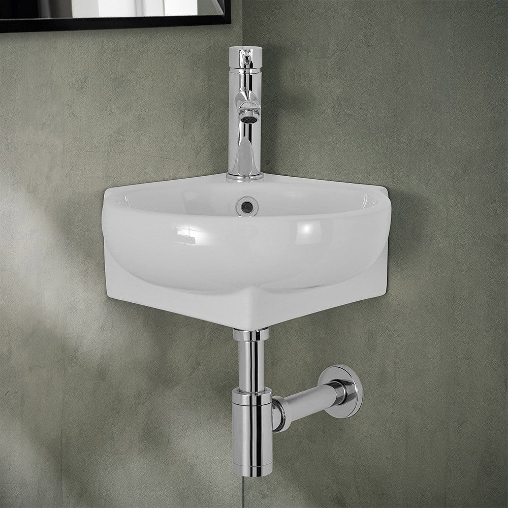 Lavabo sospeso ad angolo 39x36 in ceramica lucida con design ovale