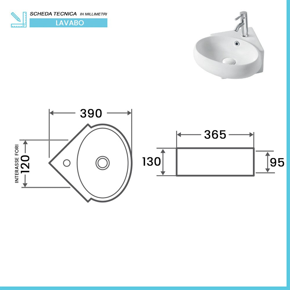 Lavabo sospeso ad angolo 39x36 in ceramica lucida con design ovale