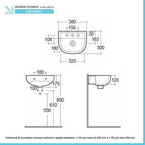 Lavabo sospeso 38 cm in ceramica bianca lucida salvaspazio